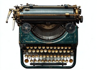 Top-down view of a worn teal mechanical typewriter with round keys, exposed metal typebars, ribbon spools and platen, evoking nostalgia and creative inspiration