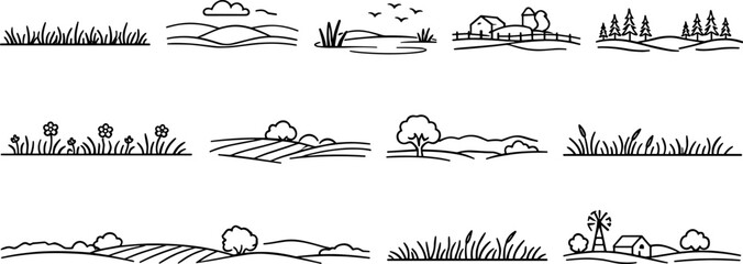 Obraz premium Collection of simple line art landscape elements for design and illustration