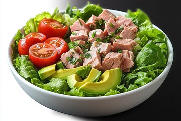 fresh tuna and avocado salad with cherry tomatoes on crisp green lettuce, vibrant and appetizing