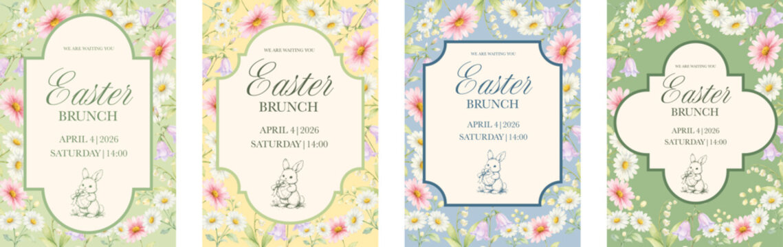Vintage style Easter brunch invitation set with watercolor floral borders and decorative frames. Perfect for holiday cards, spring event invites and printable decor
