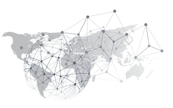 Abstract digital illustration featuring a geometric wireframe globe and world map with interconnected polygonal nodes and network lines. Modern minimal isolated black and white vector design template