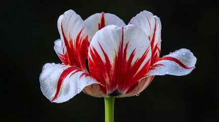 Elegant red and white variegated tulip flower with dew drops on black background for garden and botanical floral display