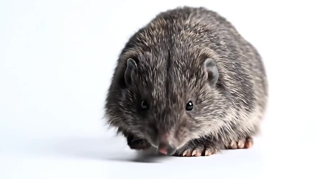 A curious tenrec with striking gray fur sits and sniffs the ground 