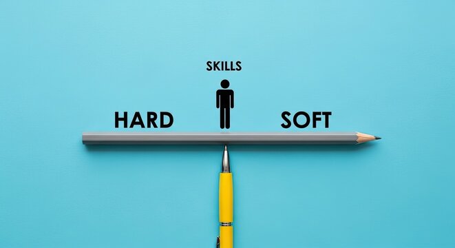 pencil and pen balance scale with stick figure and hard soft skill labels, professional work balance Concept