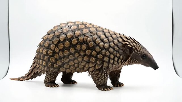 A close-up view of a pangolin standing and showcasing its unique scales. The pangolin is a unique and fascinating mammal with a distinctive appearance.