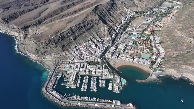 Aerial view of Puerto de Mogan and Playa de Mogan, Gran Canaria, Canary Islands, Spain