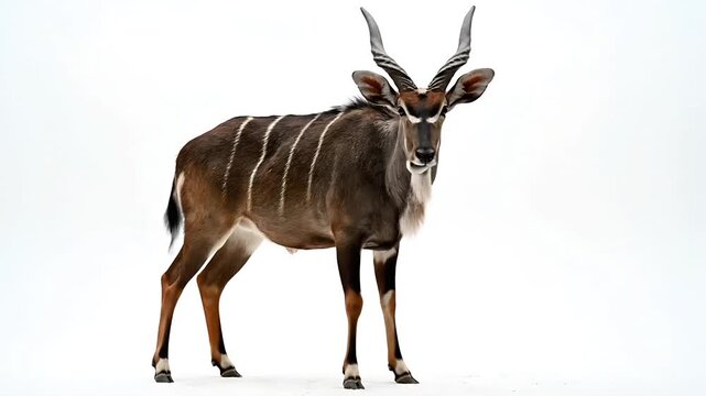 A majestic kudu gracefully poses for a studio shot, showcasing its impressive horns and striking coat