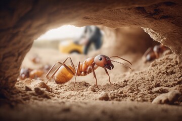 Fototapeta premium Ant emerges from its underground burrow, working as part of the colony