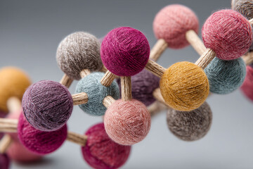 realistic studio photo of a complex molecule structure made of colorful wool yarn balls and knitted bonds for cozy supplement and science concept