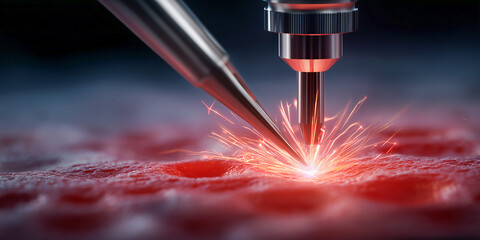 realistic photo of a precise laser beam cutting through a synthetic tissue model with bright sparks and glowing red light for advanced surgery