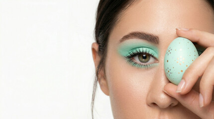 beautiful woman with pastel green eyeshadow holding a matching painted easter egg over her eye