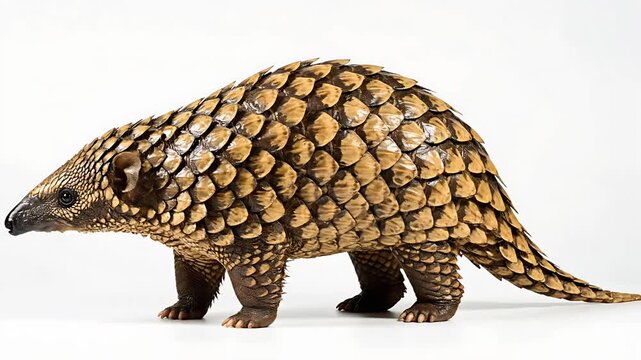 A close-up of a pangolin standing still, showcasing its unique armored scales
