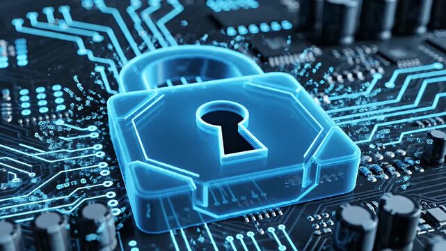 This digital artwork depicts a glowing blue lock hovering over a circuit board. It represents firewall protection and internet security through encryption and decryption.