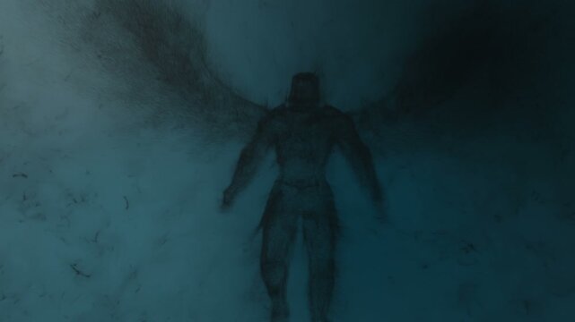 3d animation of an angel or demon built from particles