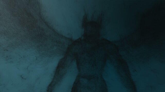 3d animation of an angel or demon built from particles
