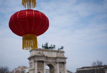 ITALY MILAN 2 MARCH 2026 Chinese New Year celebration. Red Chinese lanterns decorating the Arch of Peace (Arco della Pace) in the city center for the Lunar New Year event