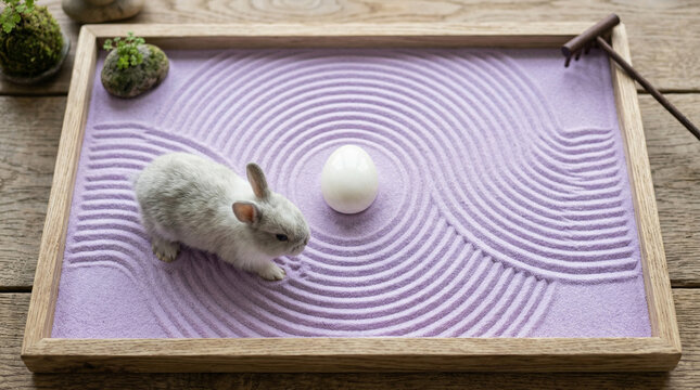 cute small bunny walking in a purple sand zen garden with a white egg