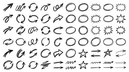 Fototapeta premium Set of 60 hand drawn doodle circle and arrow elements vector