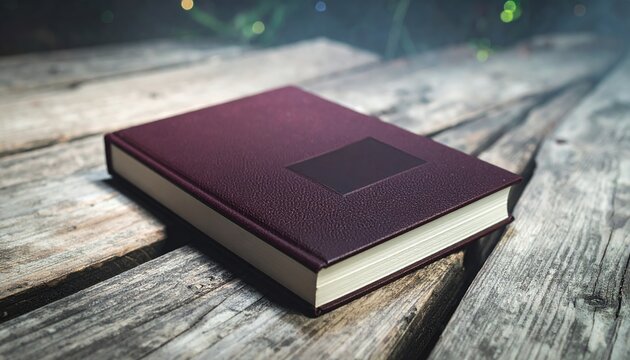 Zamknięta bordowa książka lub elegancki notes w twardej oprawie spoczywający na rustykalnym drewnianym blacie z delikatnym efektem bokeh w tle.