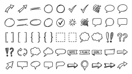 Naklejka premium Set of black hand drawn arrows, speech bubbles and check mark icons vector