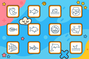 Marine animal set icon. Fish jumping, side view, in water, bowl, skeleton, swimming, badge, whale, angelfish, swordfish, dolphin, tail fin © Кирилл Макаров