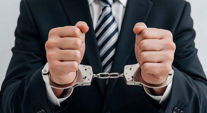 Man in suit with hands cuffed in front handcuffs arrested