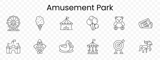 Amusement park set icon. Outline attractions, ferris wheel, ice cream, circus tent, balloons, teddy bear, ticket, castle, clown, duck ride, carousel tent, target board, pony ride. © Кирилл Макаров