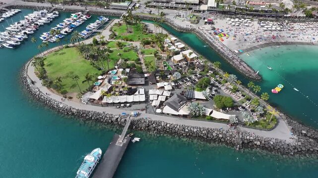 Aerial view of Playa Anfi del Mar and Isla Corazon de Anfi, Gran Canaria, Canary Islands, Spain