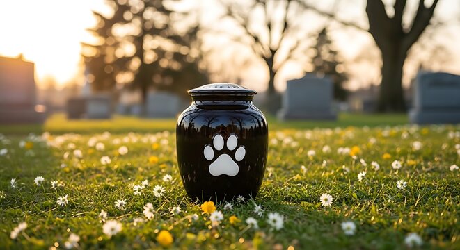 Black pet urn with white paw print on grass with flowers 1