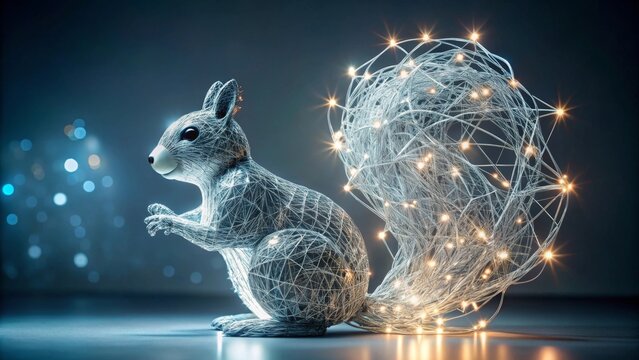 Illuminated Wireframe Squirrel Figurine with Glowing Tail