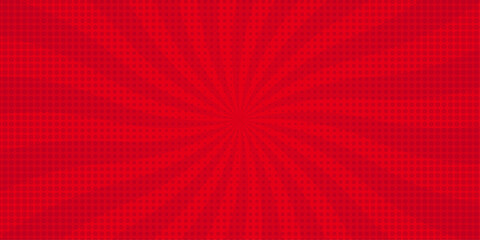 Vector sunburst pattern red halftone design. Vintage paper sunrays illustration. sun beam vector banner design comic burst wallpaper.