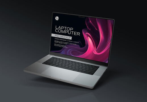 Floating Laptop Mockup Isolated on Black Background