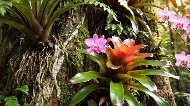 Vibrant tropical forest with colorful bromeliads and orchids growing on tree