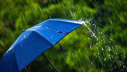 Niebieski parasol chroniący przed ulewnym deszczem na tle zielonej roślinności z widocznymi kroplami wody i dynamicznymi rozpryskami podczas burzy.