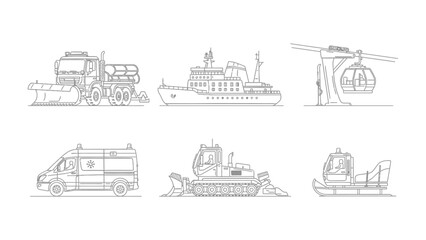 Transportation Line Art Collection: A collection of various transportation vehicles in clean, minimalist line art, suitable for diverse creative projects. © abidakhatun