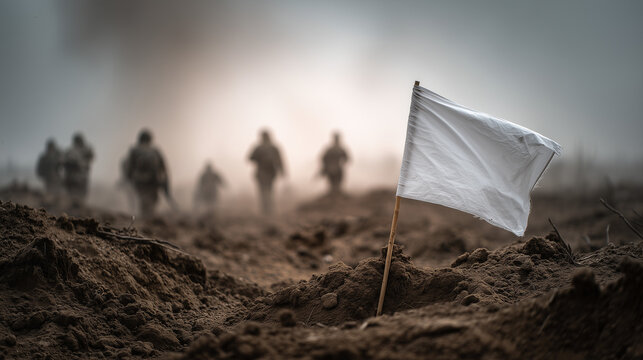 Surrender and Reflection: A stark scene depicts a battleground where a white flag symbolizes surrender amid the aftermath of conflict. Blurred silhouettes of soldiers recede into a smoky backdrop. 