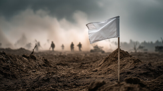 The Battlefield Truce: A stark image of a battlefield scene, with a white flag of surrender and soldiers in the background, depicts a moment of fragile peace amidst the chaos of conflict.