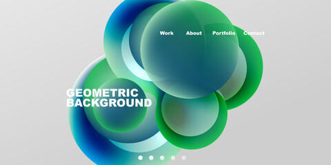 Obraz premium Abstract design features overlapping circles, gradients. Text includes geometric background, navigation options work, about, portfolio, contact.