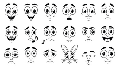 Obraz premium Facial mascot 30s flat vector, vintage cartoon faces, quirky retro characters, laughing animation expression, creator toon face design, neat eye and mouth illustration.