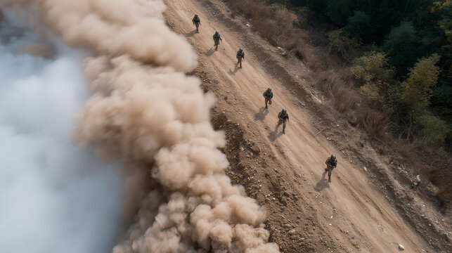 Dusty March of Soldiers: A line of soldiers navigating a cloud of dust along a rugged road, portraying a scene of determined advancement and the challenges of a difficult journey.