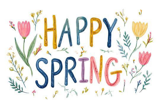 Vibrant Happy Spring greeting card with multicolored block letters and delicate watercolor wildflowers. A cheerful design for welcoming the spring season and holiday festivities now.
