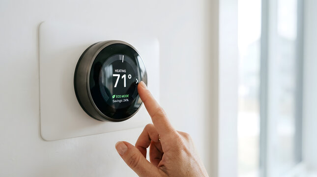 A close-up shot shows a finger adjusting a smart thermostat on a white wall, indicating control over home temperature settings for comfort and efficiency