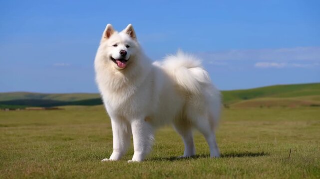 Joyful White Canine On Hills. Playful White Samoyed With Majestic Fur On Lush Grassy Landscape