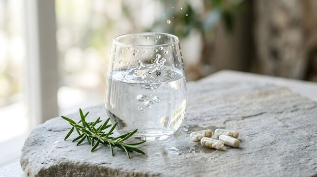 Refreshing water splashing into a clear glass, accompanied by natural rosemary and nutritional supplements on a rustic stone, symbolizing health and wellness