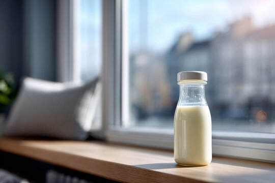 baby bottle filled halfway with milk on white desk near window, minimal modern interior, clean shadows and reflections, horizontal framing