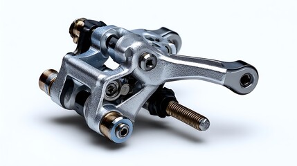 A close-up view of a metallic mechanical component with bolts and screws on a white background.