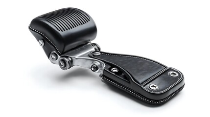 A black leather car brake with a chrome hinge on a white background.