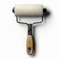 Obraz premium single textured paint roller with wooden handle and paint-splattered metal frame on white background, evoking practical readiness and minimalist utility
