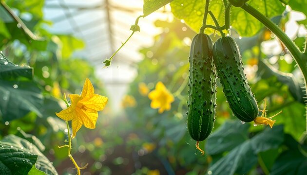 Fresh green cucumbers with yellow flower hanging on vine with water drops in modern greenhouse with sunlight, concept of organic farming and vegetable cultivation