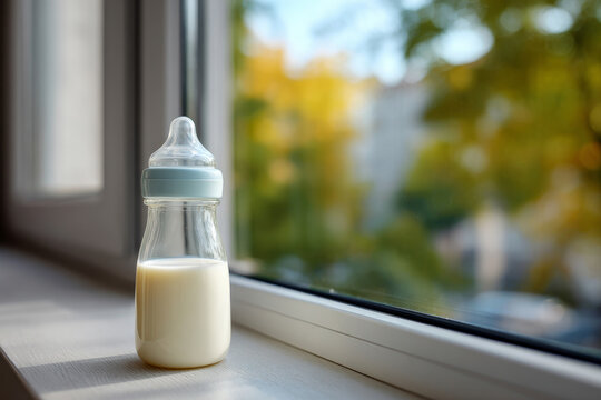baby bottle filled halfway with milk on white desk near window, minimal modern interior, clean shadows and reflections, horizontal framing